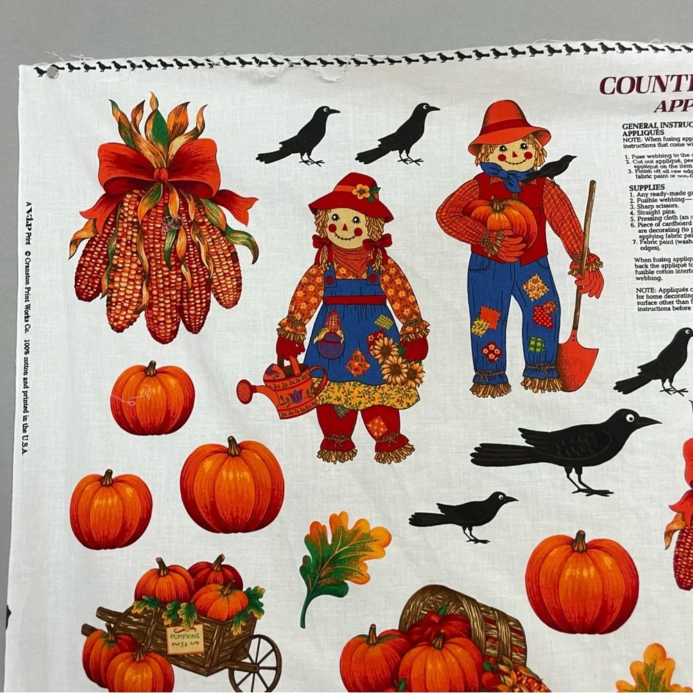 Vintage Autumn Applique No-Sew Crafting Fabric Panel Halloween Thanksgiving #K31